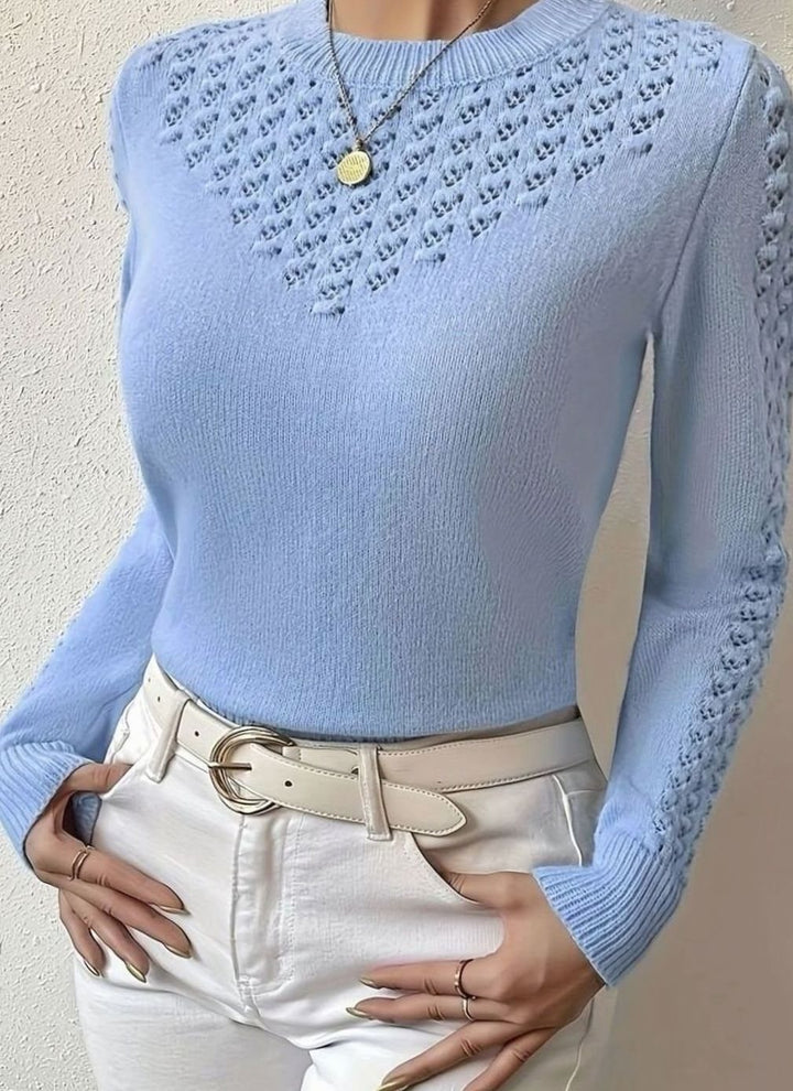 Dames Pointelle-Gebreide Ronde Hals Longsleeve Trui