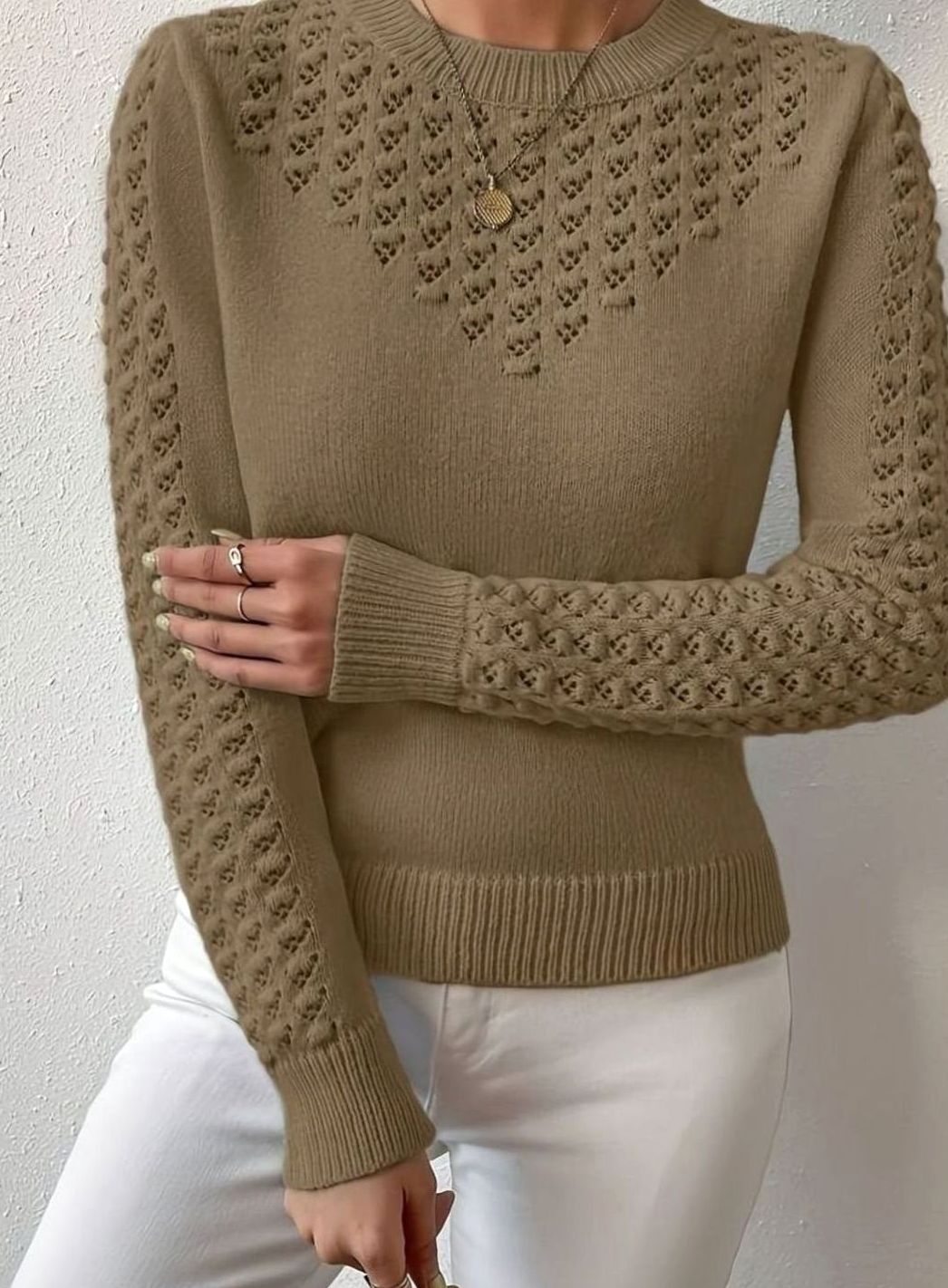 Dames Pointelle-Gebreide Ronde Hals Longsleeve Trui