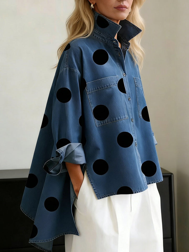 Dames Polkadot Oversized Lange Mouwen Blouse - Blue