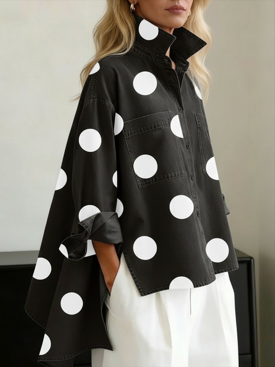 Dames Polkadot Oversized Lange Mouwen Blouse - Black