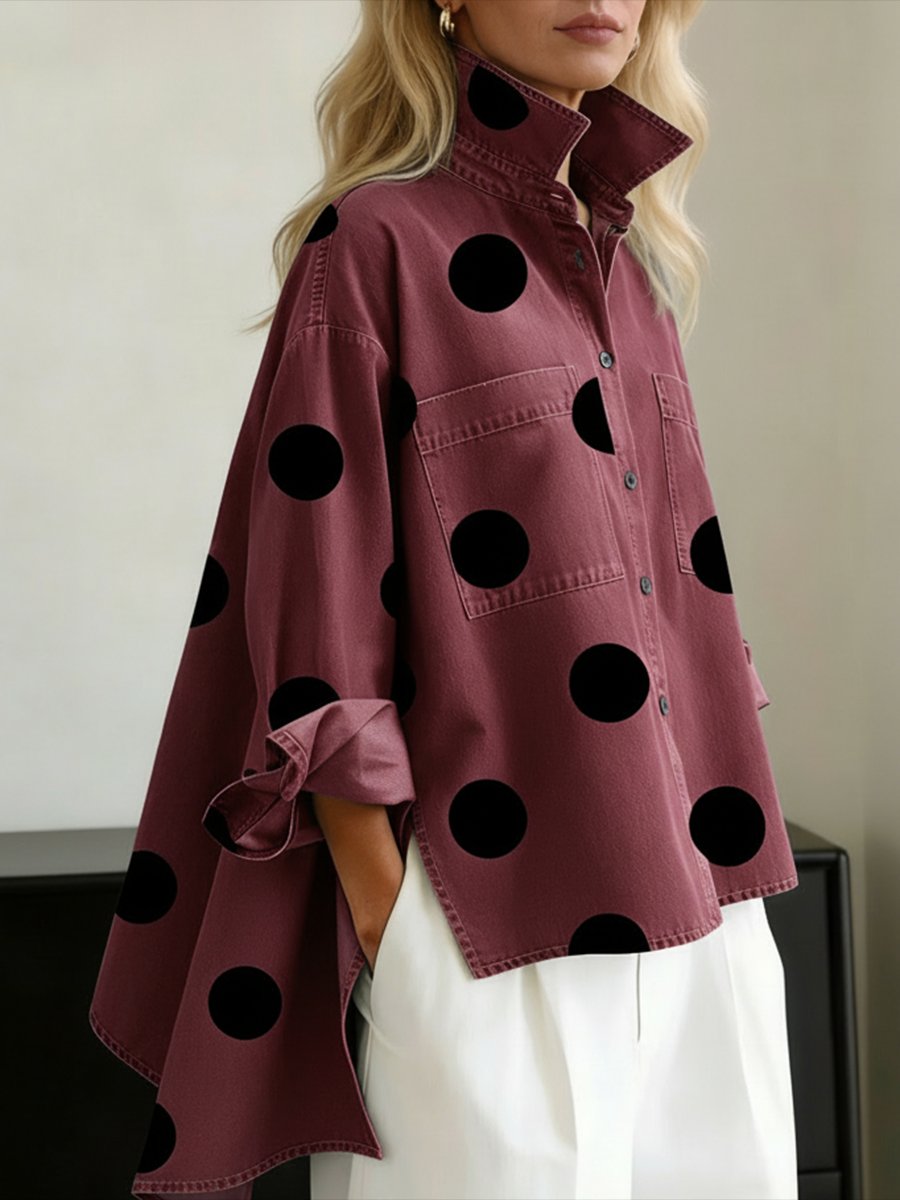 Dames Polkadot Oversized Lange Mouwen Blouse - Red