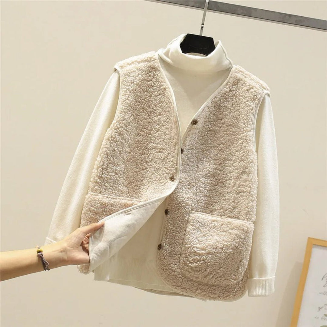 Dames Puffer Vest Teddy Fleece Mouwloze Gewatteerde Bodywarmer - Beige