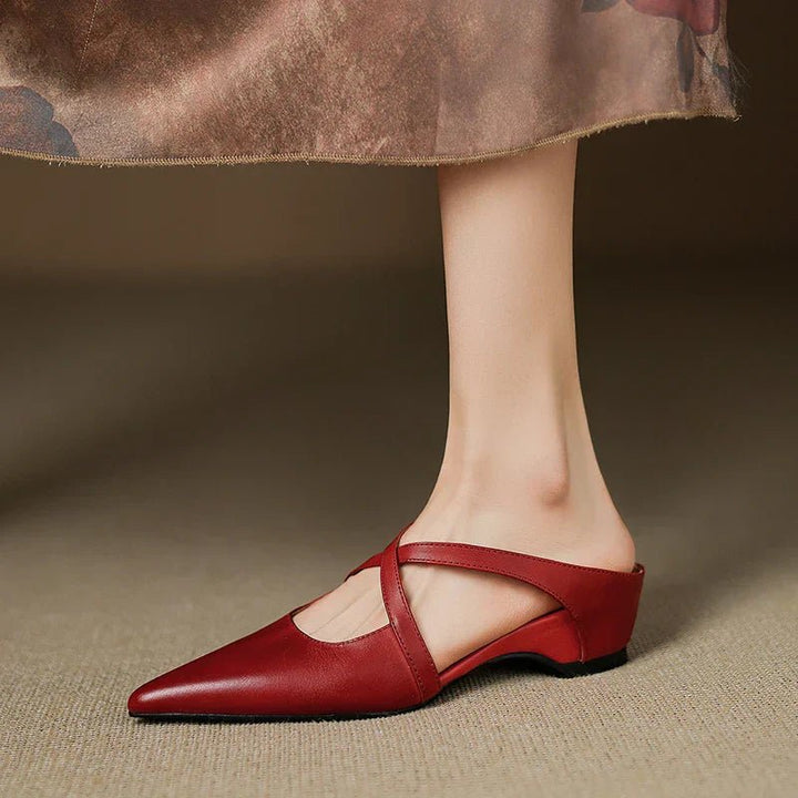 Dames Puntneus Gekruist Bandje Leren Mules met Verhoging - Red