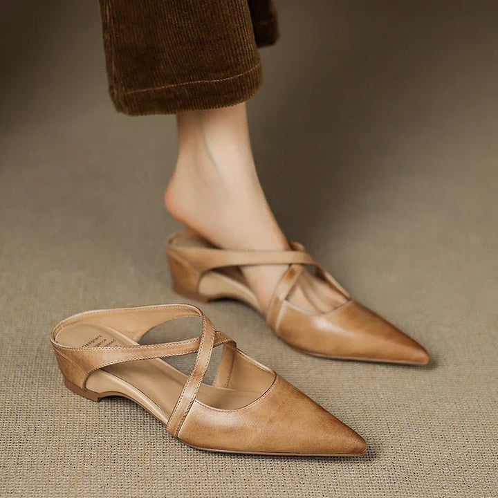 Dames Puntneus Gekruist Bandje Leren Mules met Verhoging - Apricot