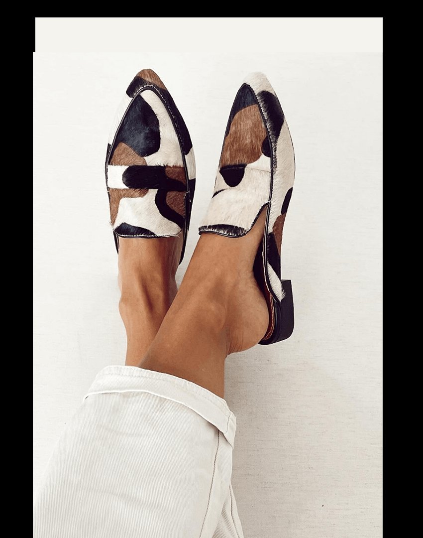 Dames Puntneus Koeienprint Instap Mule Loafers Lage Blokhak - Black/White