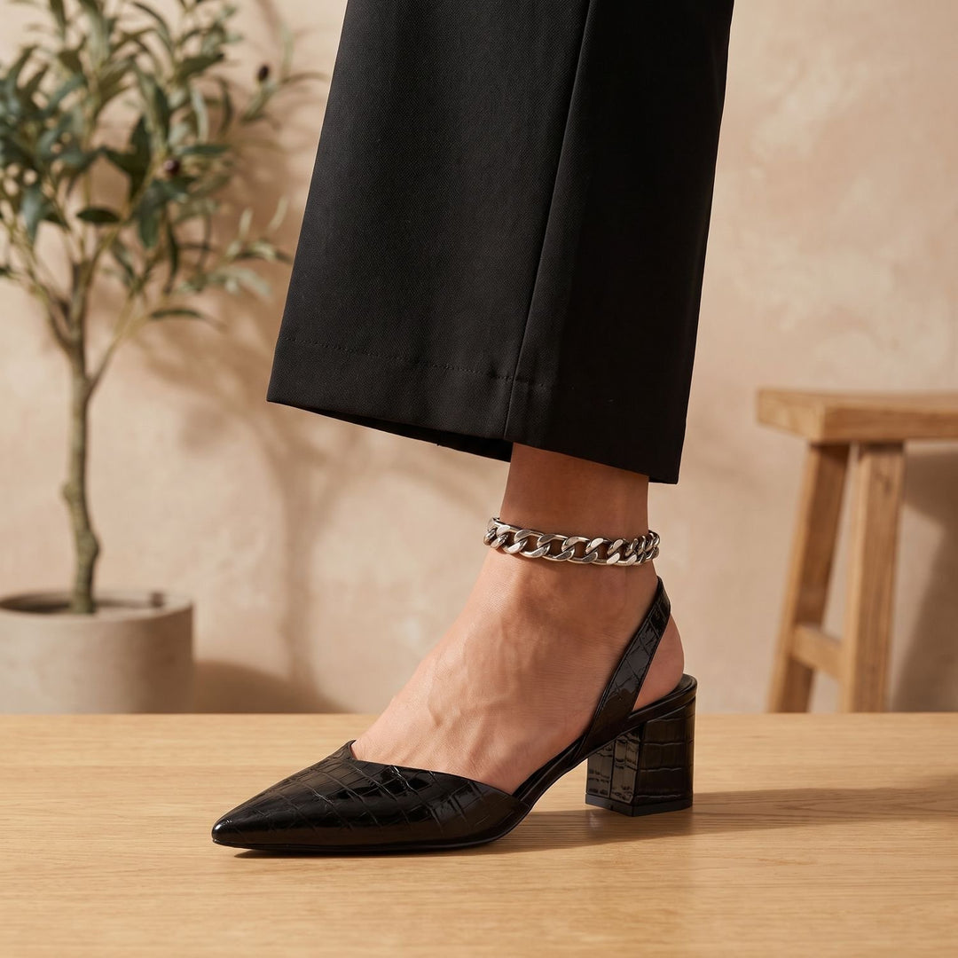 Dames Puntneus Slingback Blokhak Pumps met Krokodilprint - Zwart
