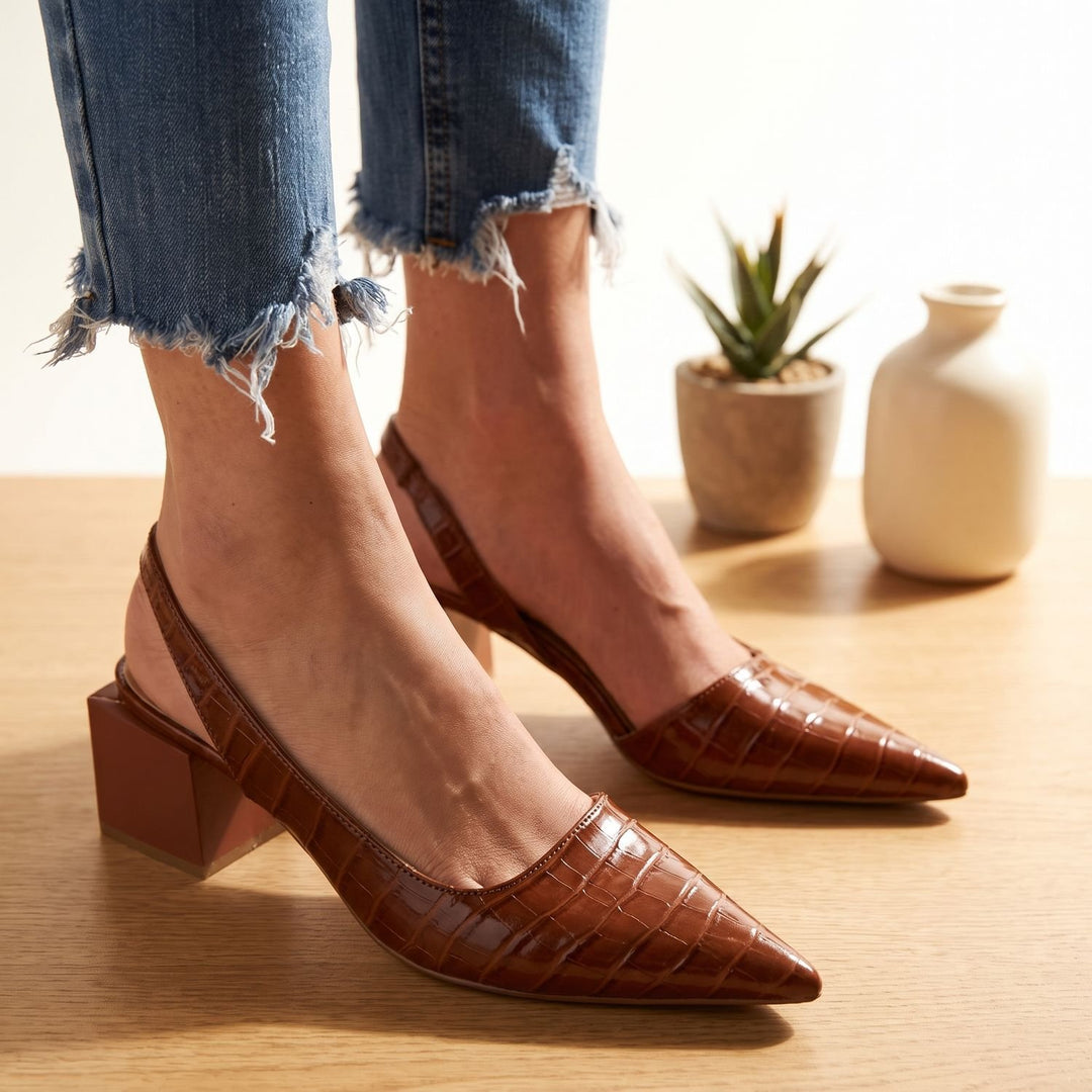 Dames Puntneus Slingback Blokhak Pumps met Krokodilprint - Bruin