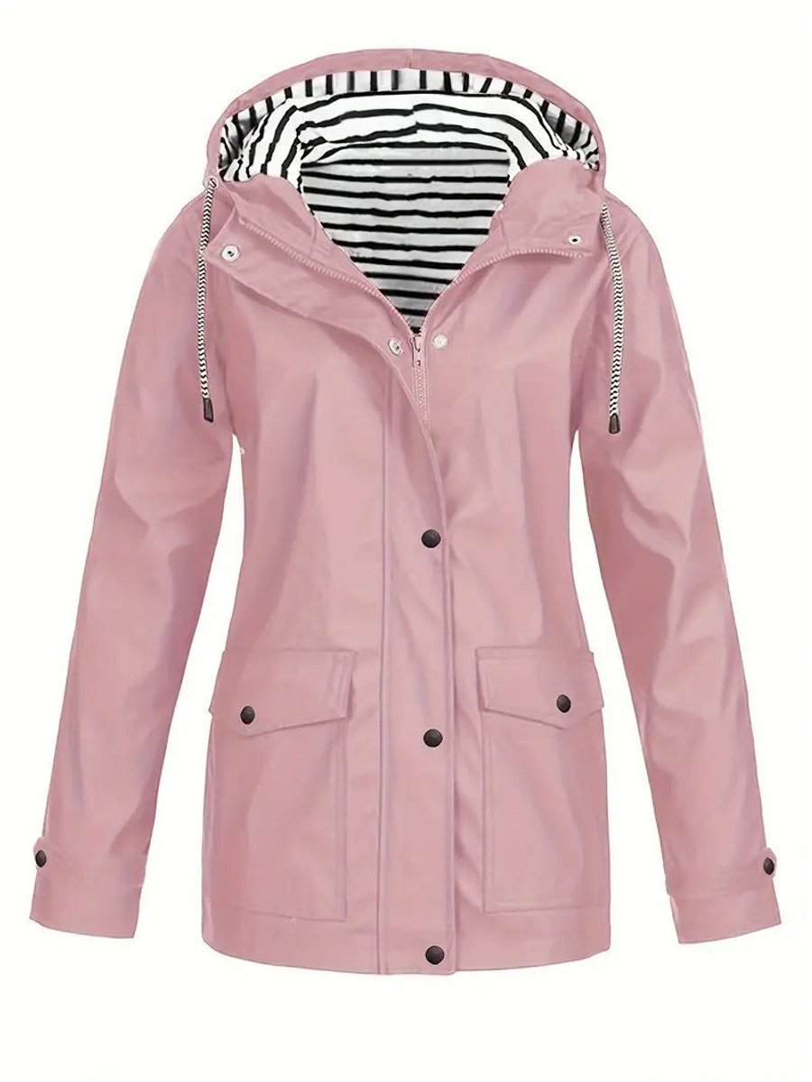 Dames Regenjas Gestreept Gevoerde Hoodie Women Coat - Roze
