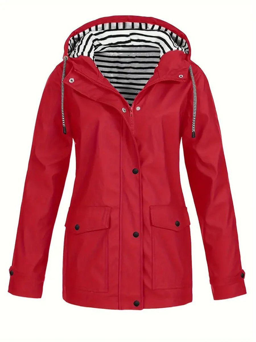 Dames Regenjas Gestreept Gevoerde Hoodie Women Coat - Rood