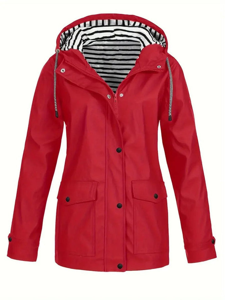Dames Regenjas Gestreept Gevoerde Hoodie Women Coat - Rood