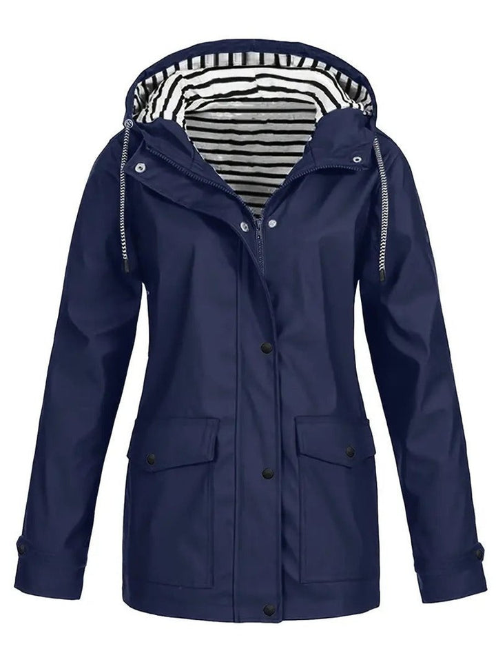 Dames Regenjas Gestreept Gevoerde Hoodie Women Coat - Marineblauw