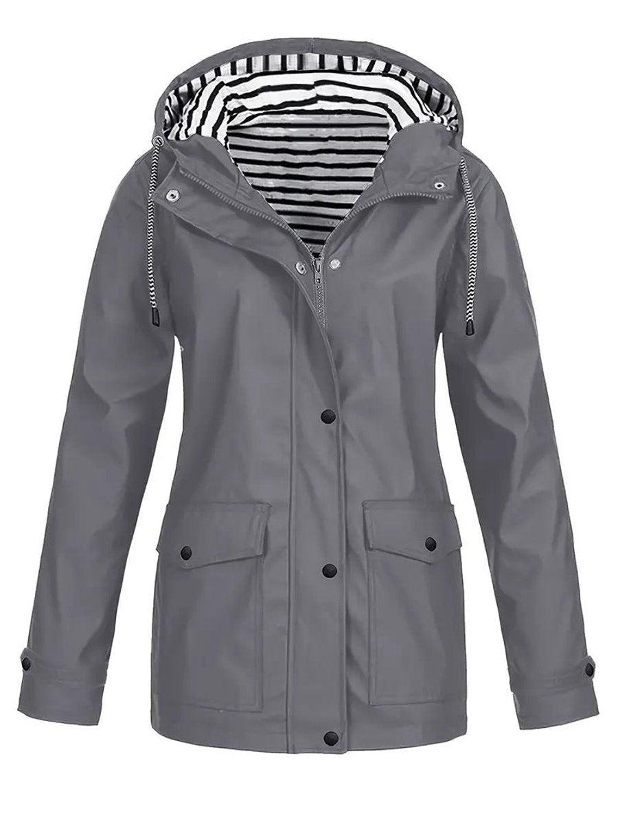Dames Regenjas Gestreept Gevoerde Hoodie Women Coat - Grijs