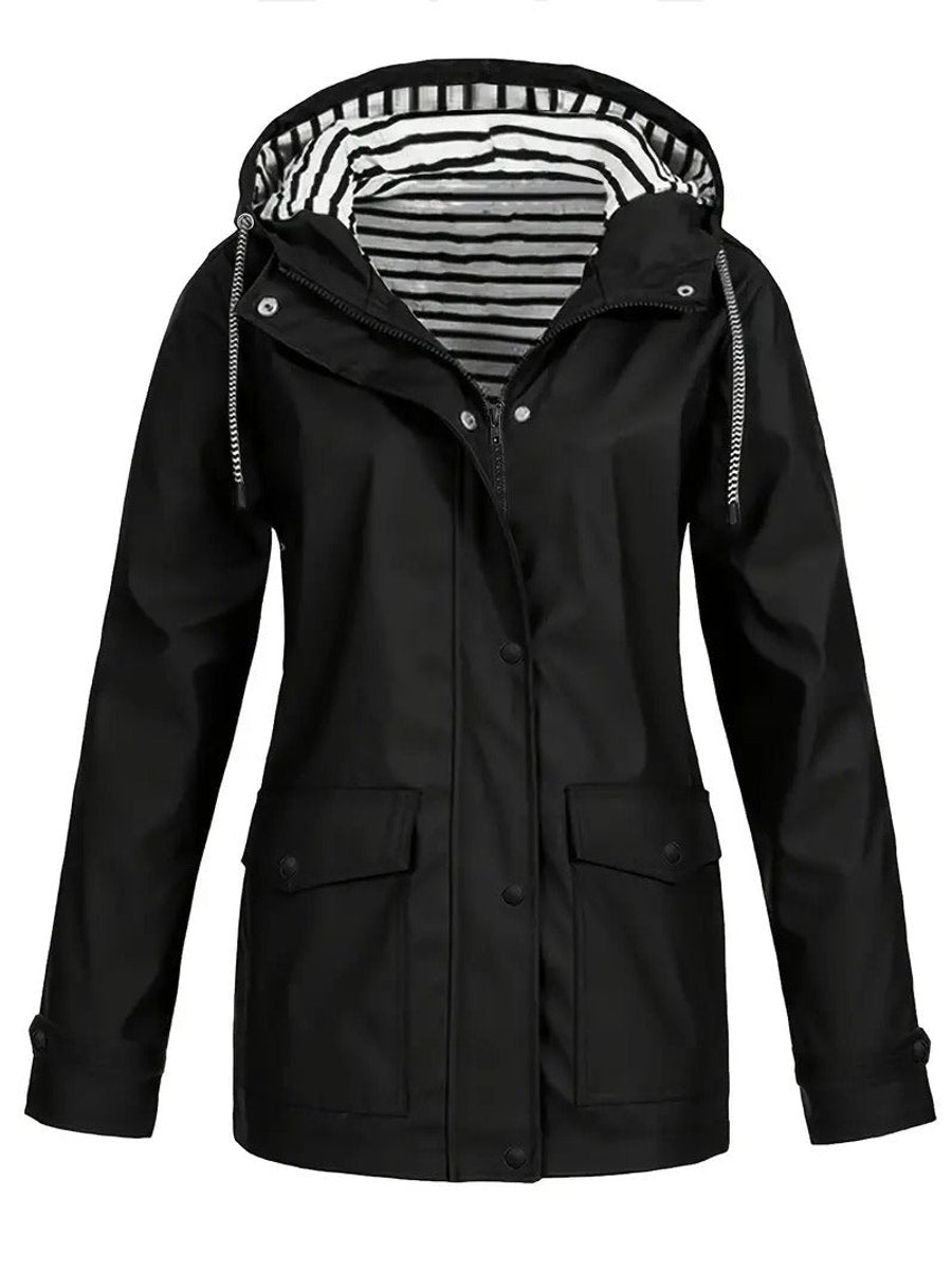 Dames Regenjas Gestreept Gevoerde Hoodie Women Coat - Zwart