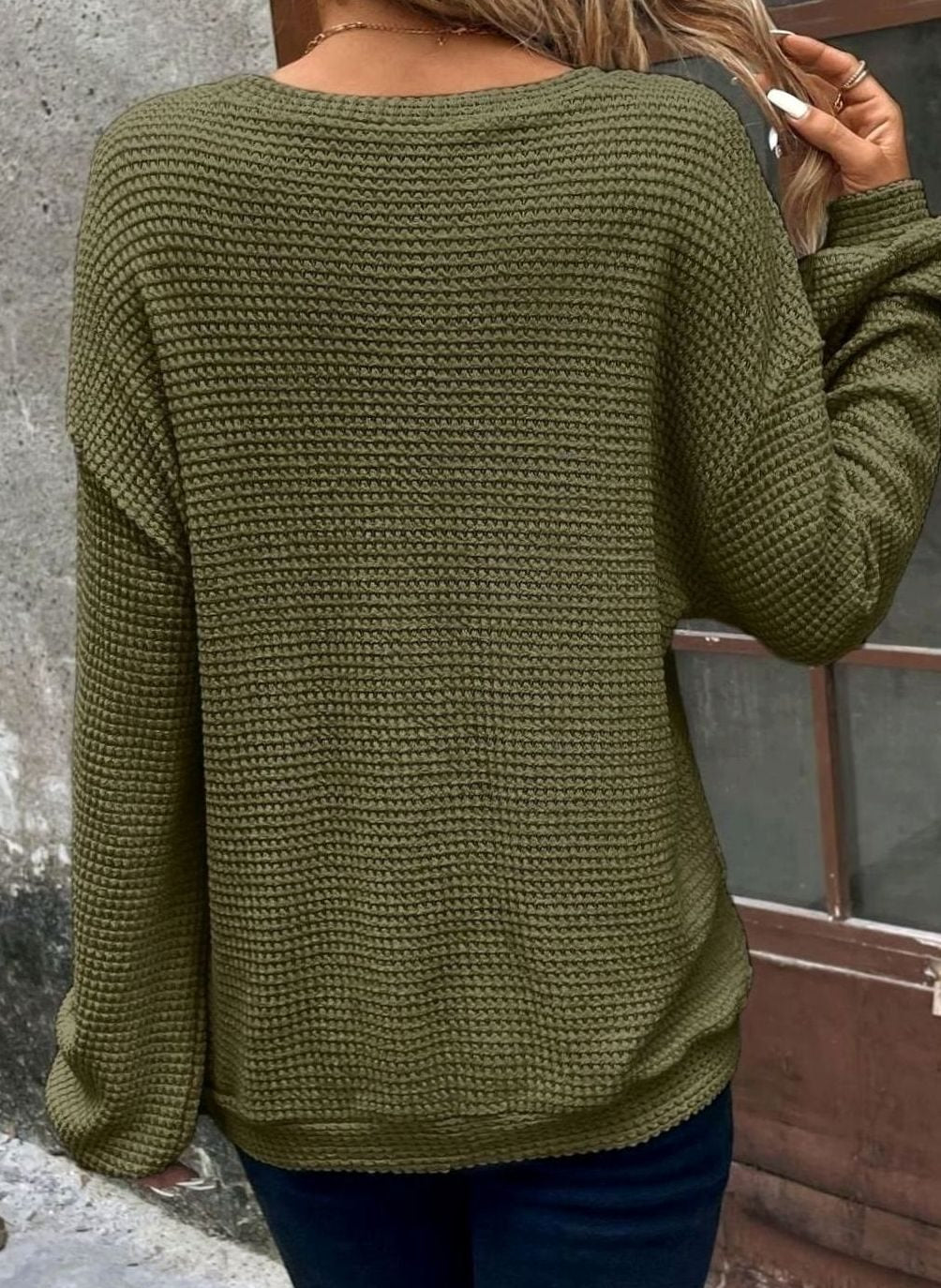 Dames Relaxed Drop-Shoulder Waffle-Knit Ronde Hals Trui