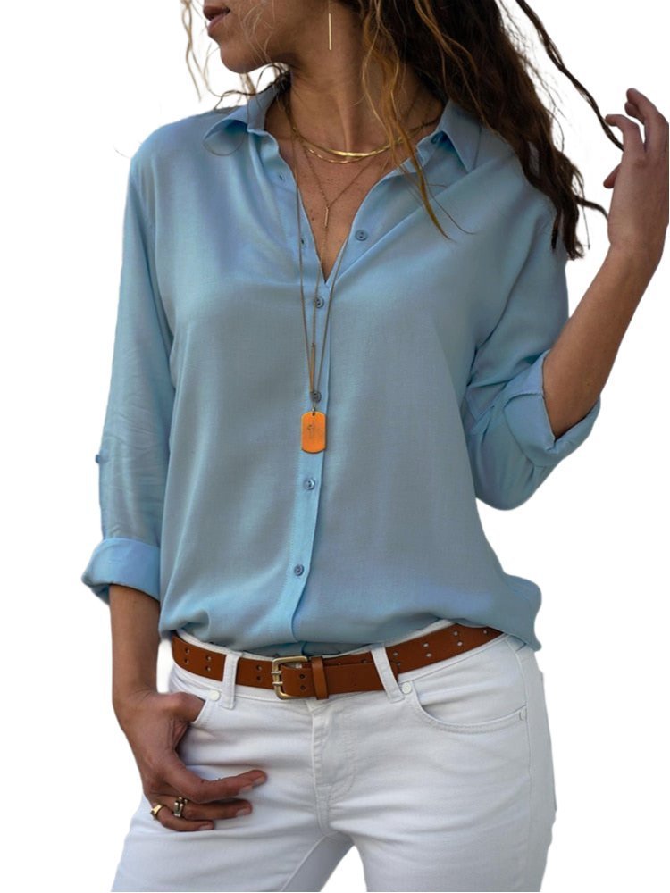 Dames Relaxed-Fit Blouse Geknoopt Opgerolde Mouwen Kraag - Light Blue