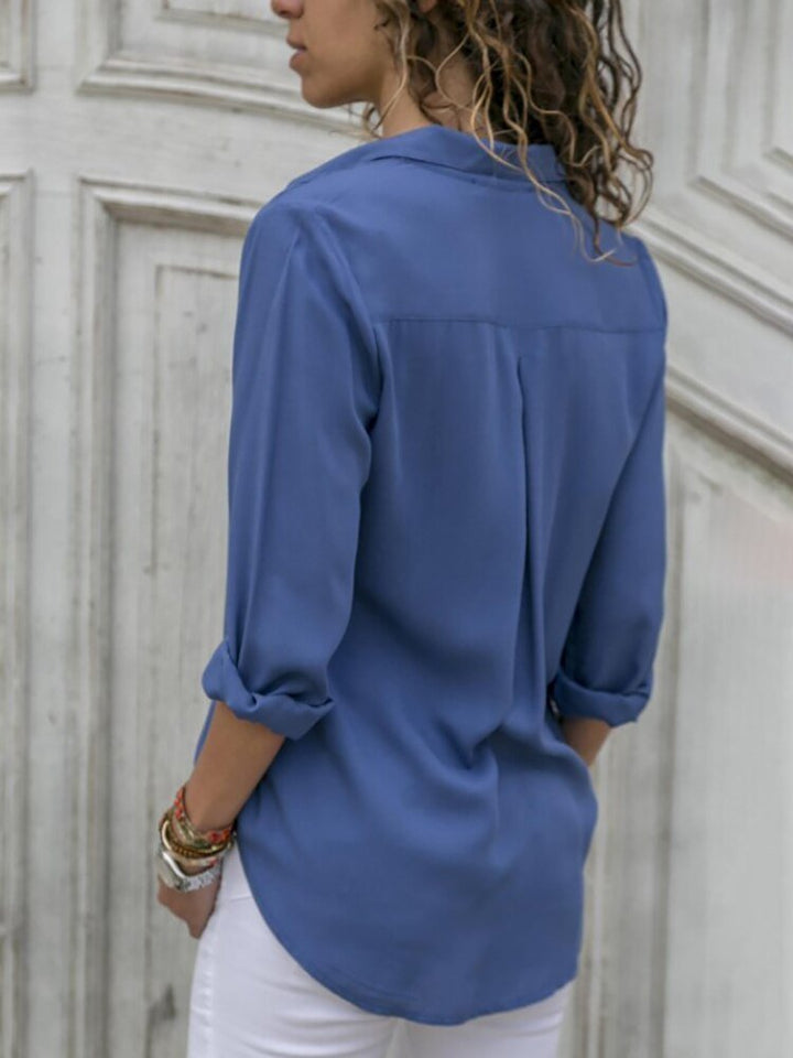 Dames Relaxed-Fit Blouse Geknoopt Opgerolde Mouwen Kraag