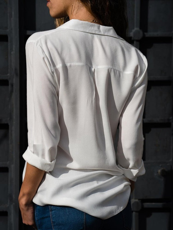 Dames Relaxed-Fit Blouse Geknoopt Opgerolde Mouwen Kraag