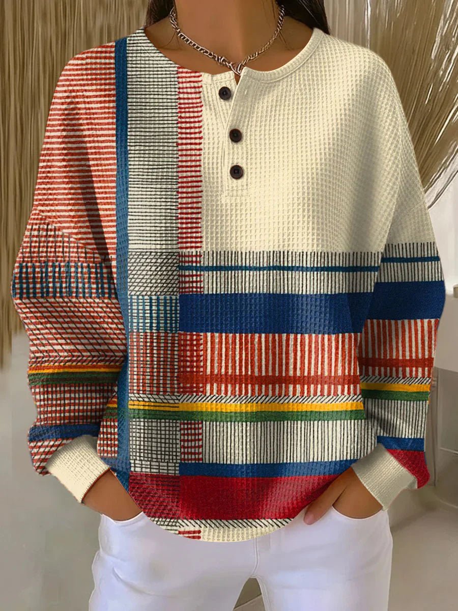 Dames Relaxed-Fit Colour-Block Wafelgebreid Henley Trui - Multicolored
