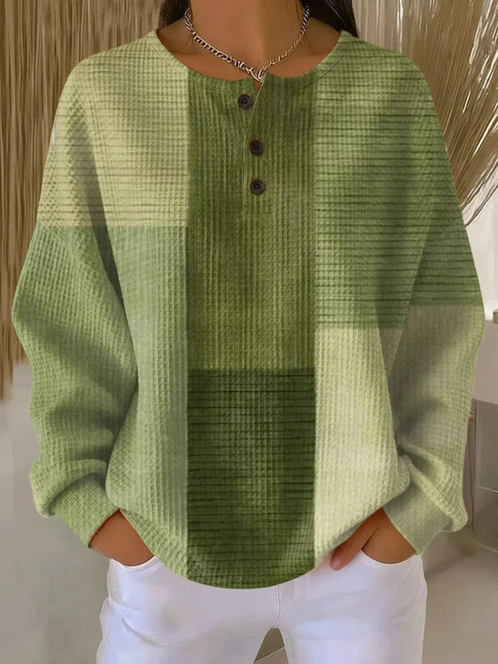 Dames Relaxed-Fit Colour-Block Wafelgebreid Henley Trui - Green