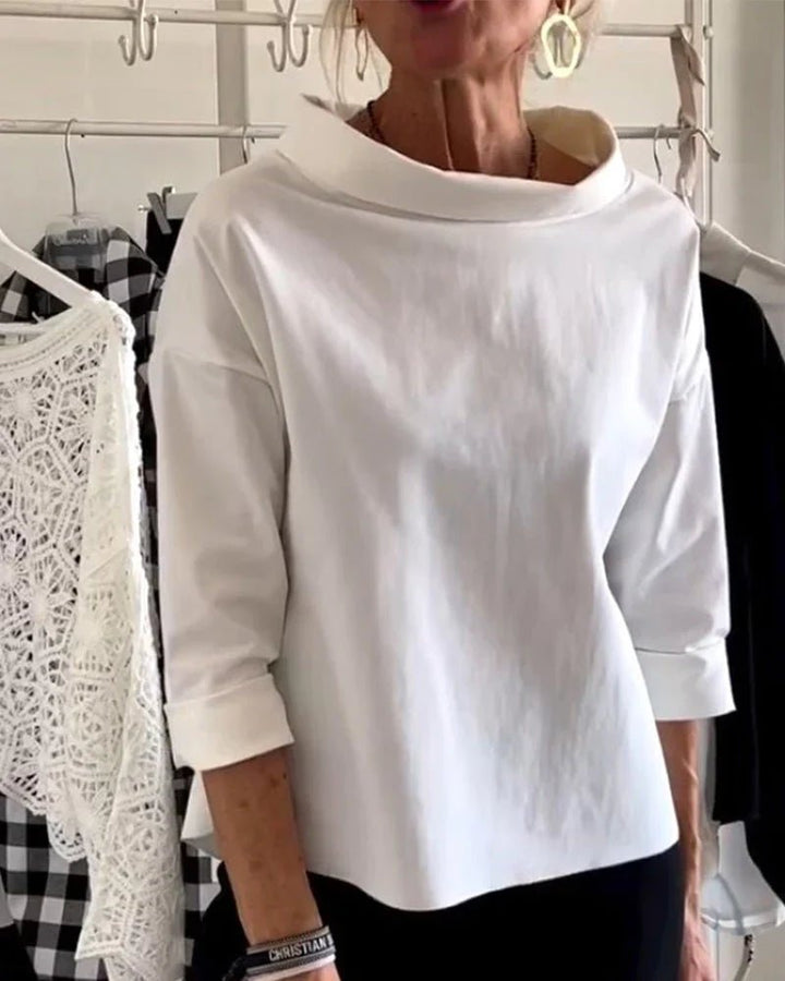Dames Relaxed-Fit Cowlhals Driekwart Mouw Casual Top - White