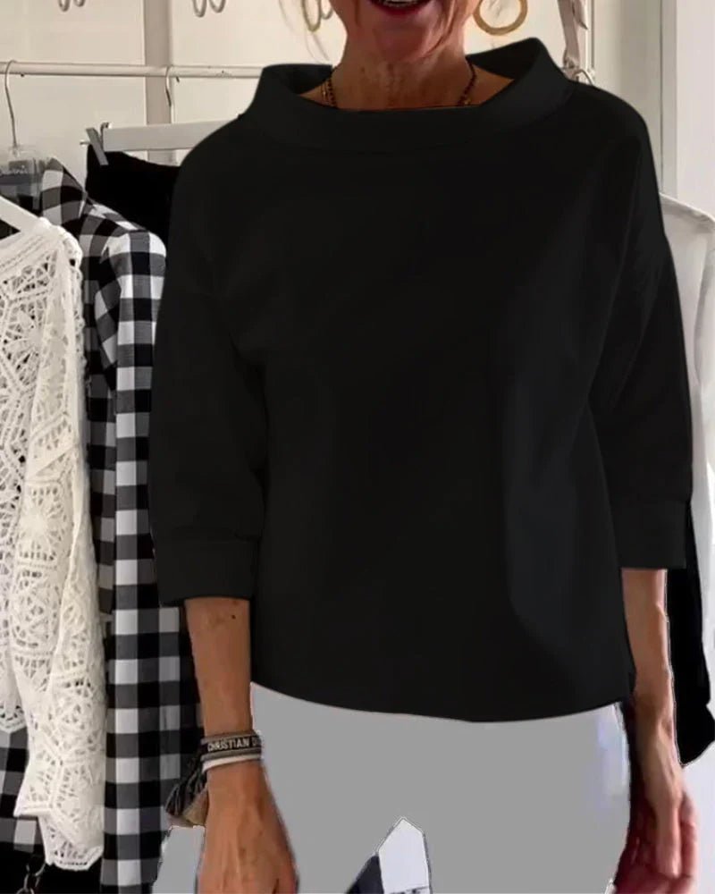 Dames Relaxed-Fit Cowlhals Driekwart Mouw Casual Top - Black