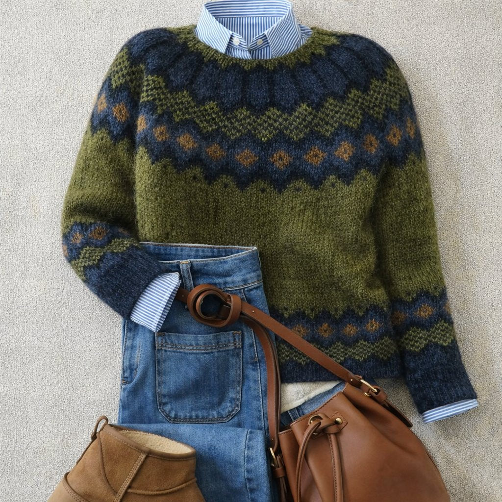 Dames Relaxed-Fit Gebreide Nordic Fair Isle Trui - Green