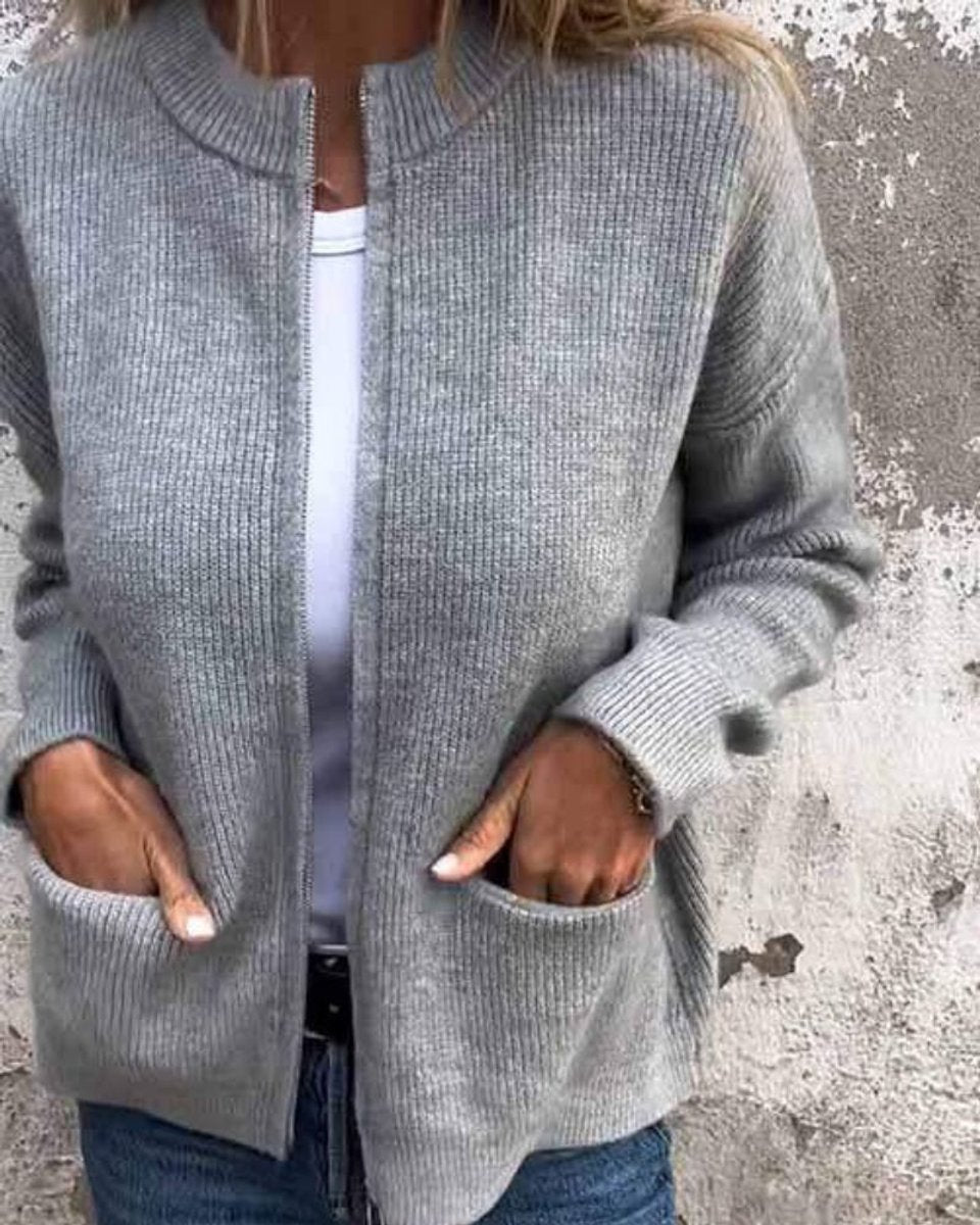 Dames Relaxed-Fit Gebreide Ritssluitng Cardigan met Zakken - Grijs