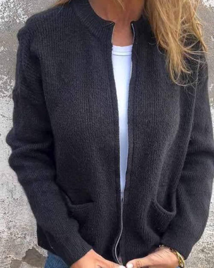 Dames Relaxed-Fit Gebreide Ritssluitng Cardigan met Zakken - Zwart
