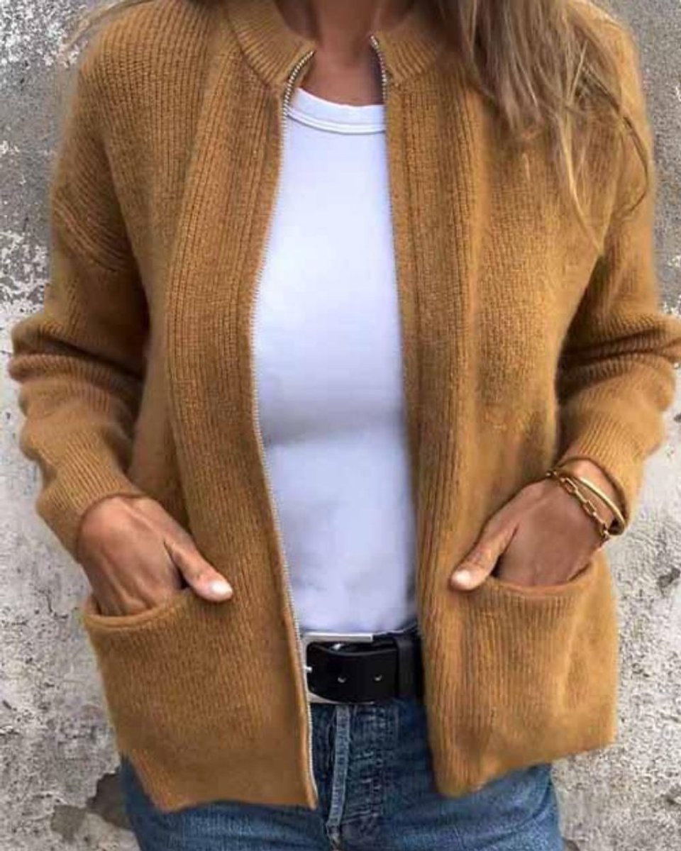 Dames Relaxed-Fit Gebreide Ritssluitng Cardigan met Zakken - Bruin