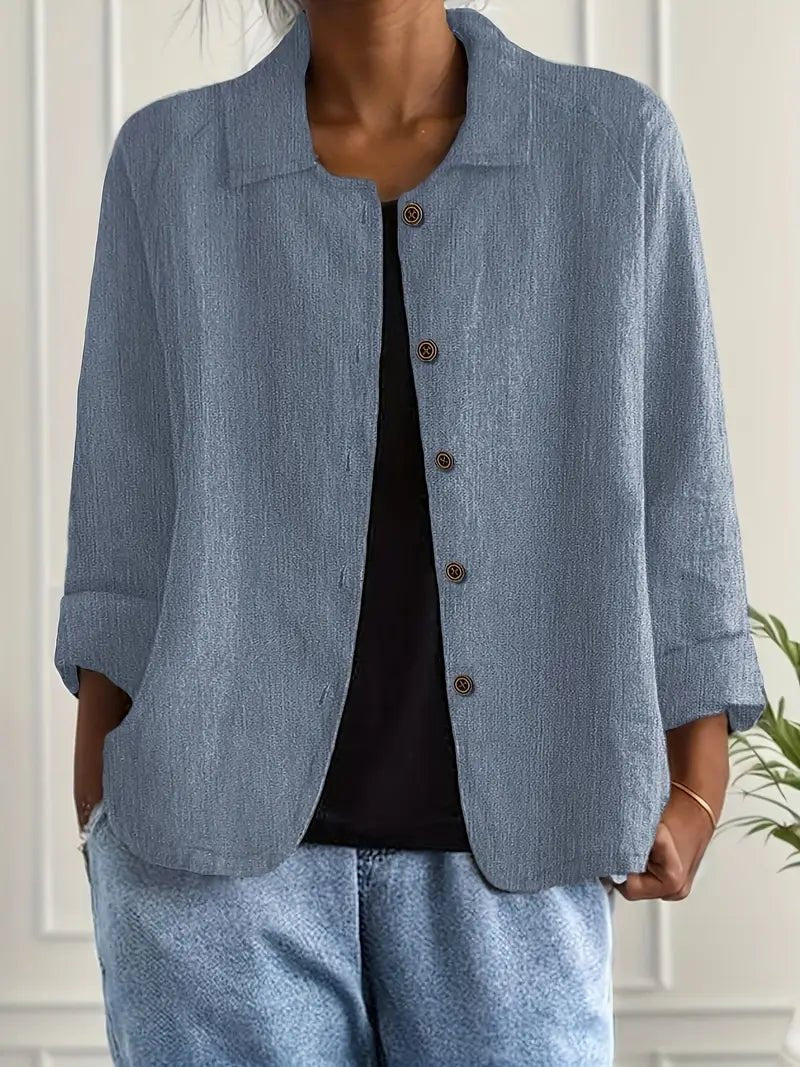 Dames Relaxed-Fit Geknoopte Lange Mouw Blazer met Kraag - Blue
