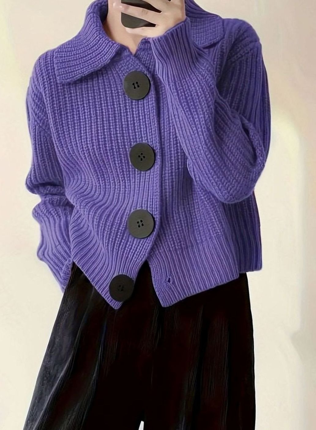 Dames Relaxed-Fit Geribbelde Knit Folded Collar Pullover Trui - Paars