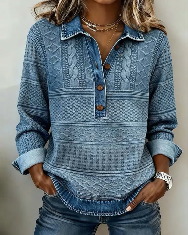Dames Relaxed-Fit Halfknoop Gestructureerde Sweatshirt Trui - Blue