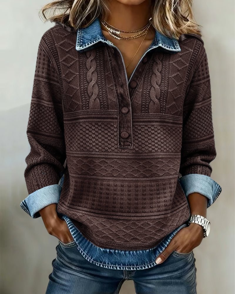 Dames Relaxed-Fit Halfknoop Gestructureerde Sweatshirt Trui - Coffee