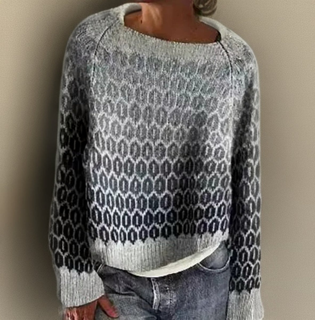 Dames Relaxed-Fit Jacquard Knit Sweater Ronde Hals Lange Mouwen - Grijs