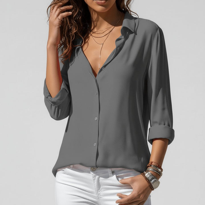 Dames Relaxed-Fit Knoopsluiting Overhemdkraag Blouse met Lange Mouwen - Classic Grey
