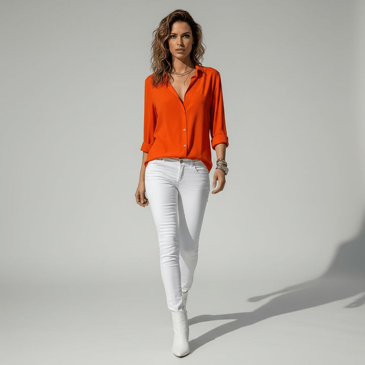 Dames Relaxed-Fit Knoopsluiting Overhemdkraag Blouse met Lange Mouwen