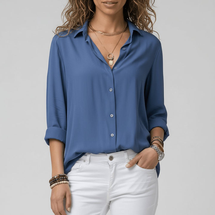 Dames Relaxed-Fit Knoopsluiting Overhemdkraag Blouse met Lange Mouwen - Ocean Blue