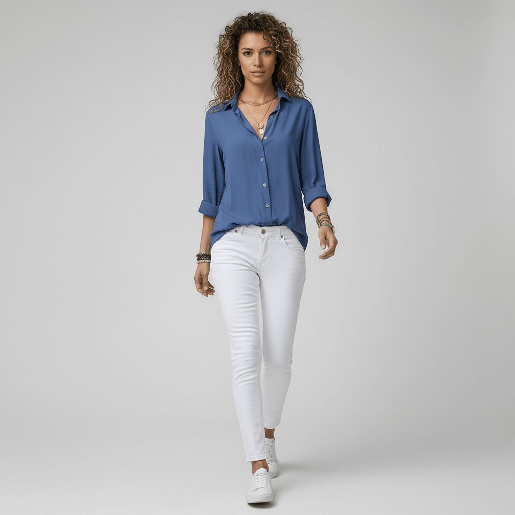Dames Relaxed-Fit Knoopsluiting Overhemdkraag Blouse met Lange Mouwen
