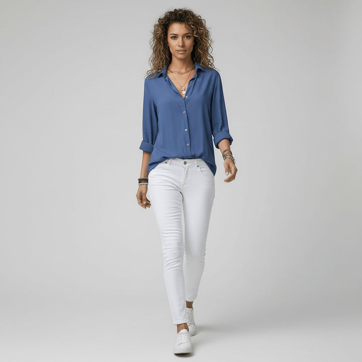 Dames Relaxed-Fit Knoopsluiting Overhemdkraag Blouse met Lange Mouwen