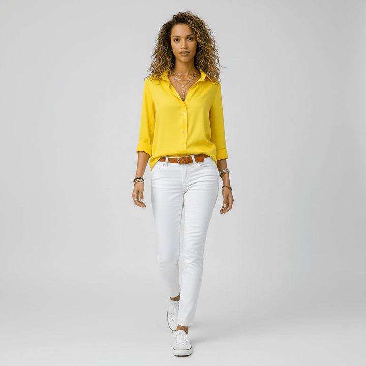 Dames Relaxed-Fit Knoopsluiting Overhemdkraag Blouse met Lange Mouwen