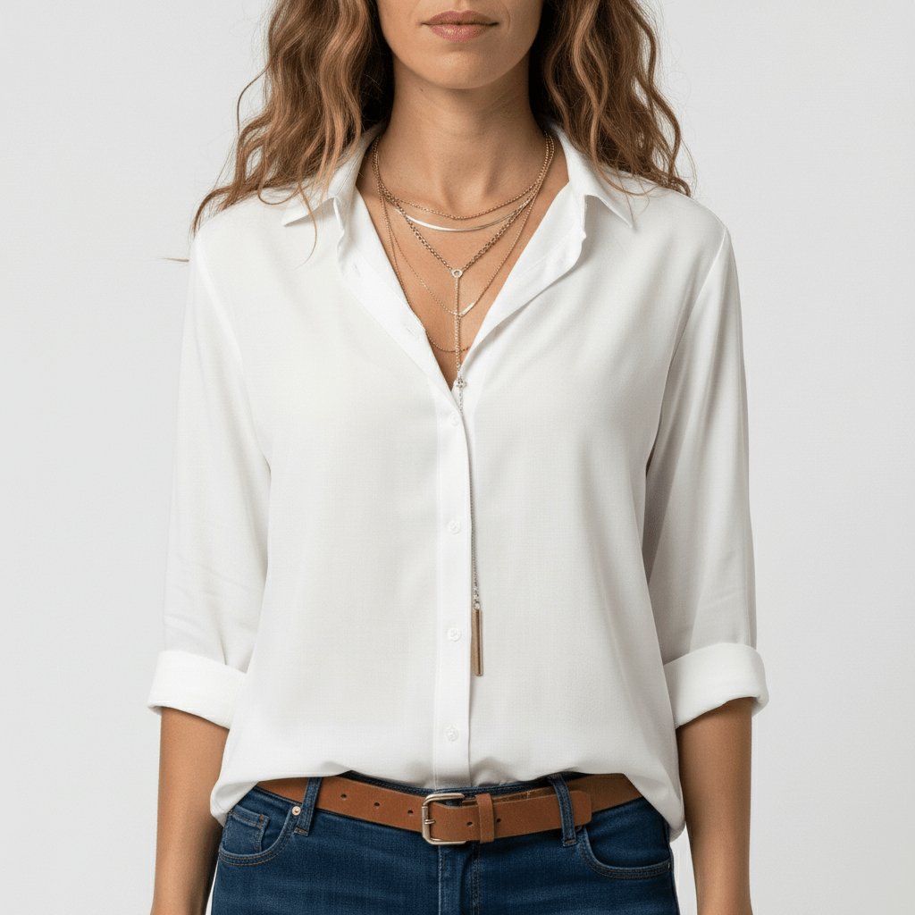 Dames Relaxed-Fit Knoopsluiting Overhemdkraag Blouse met Lange Mouwen - Pure White