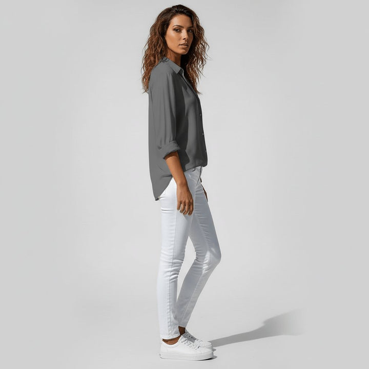 Dames Relaxed-Fit Knoopsluiting Overhemdkraag Blouse met Lange Mouwen