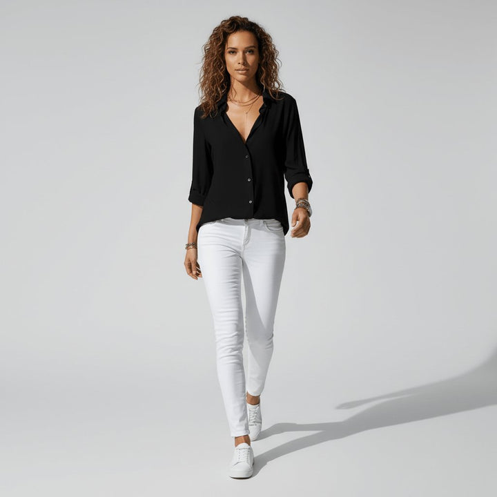 Dames Relaxed-Fit Knoopsluiting Overhemdkraag Blouse met Lange Mouwen