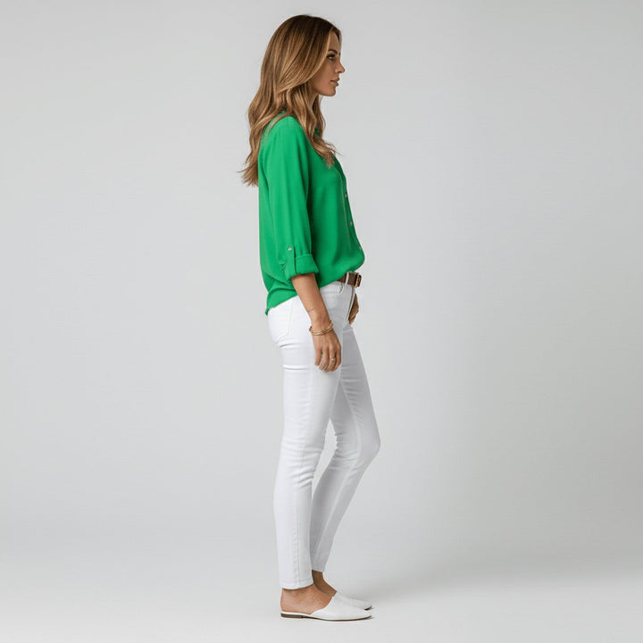 Dames Relaxed-Fit Knoopsluiting Overhemdkraag Blouse met Lange Mouwen