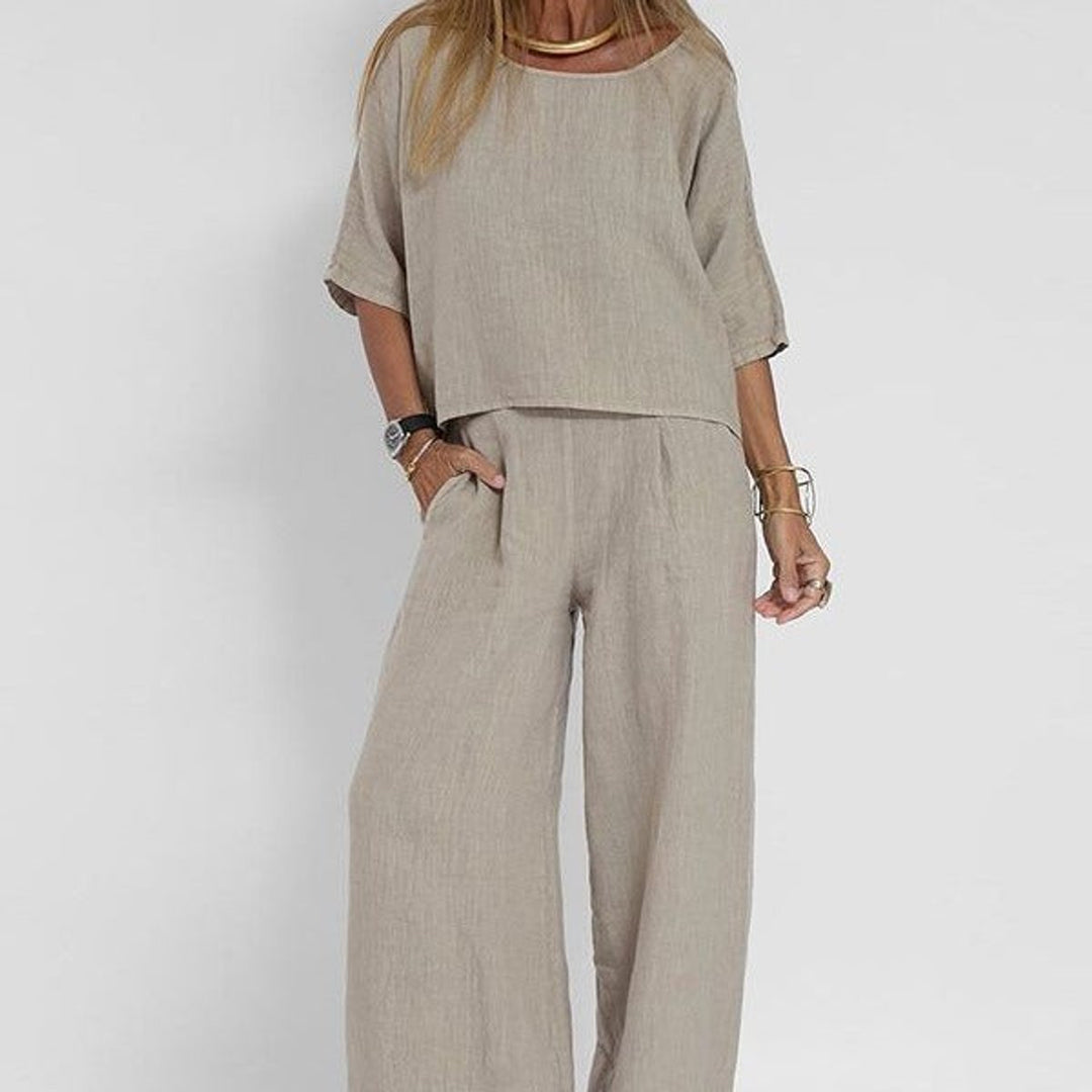 Dames Relaxed-Fit Linnen Blouse en Broek Set - Light Gray