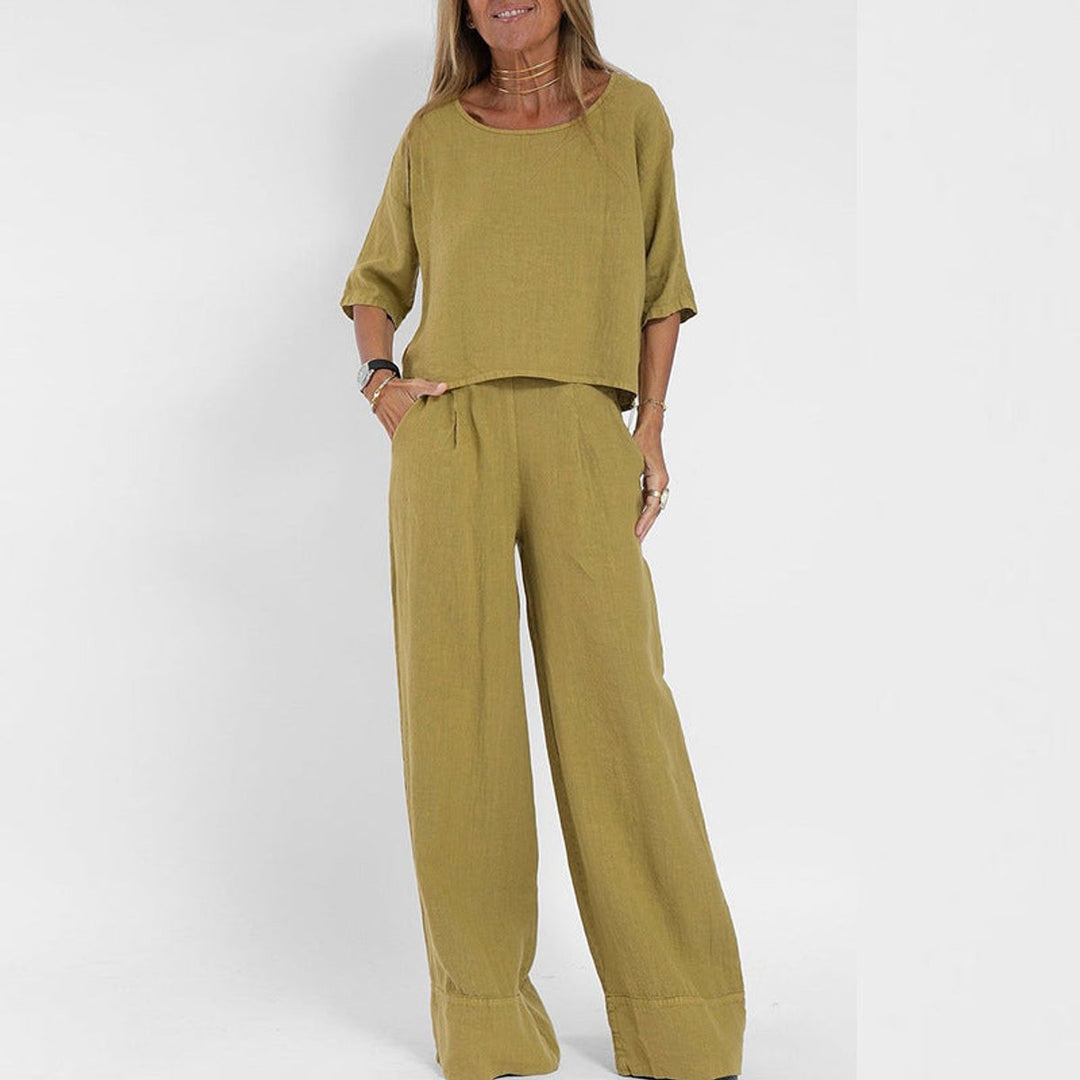Dames Relaxed-Fit Linnen Blouse en Broek Set - Yellow