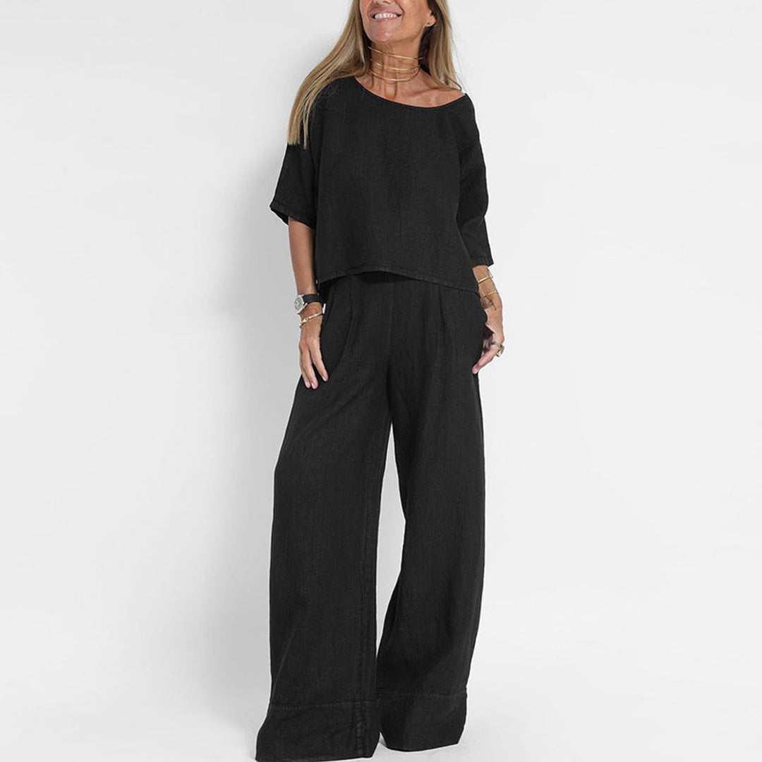 Dames Relaxed-Fit Linnen Blouse en Broek Set - Black