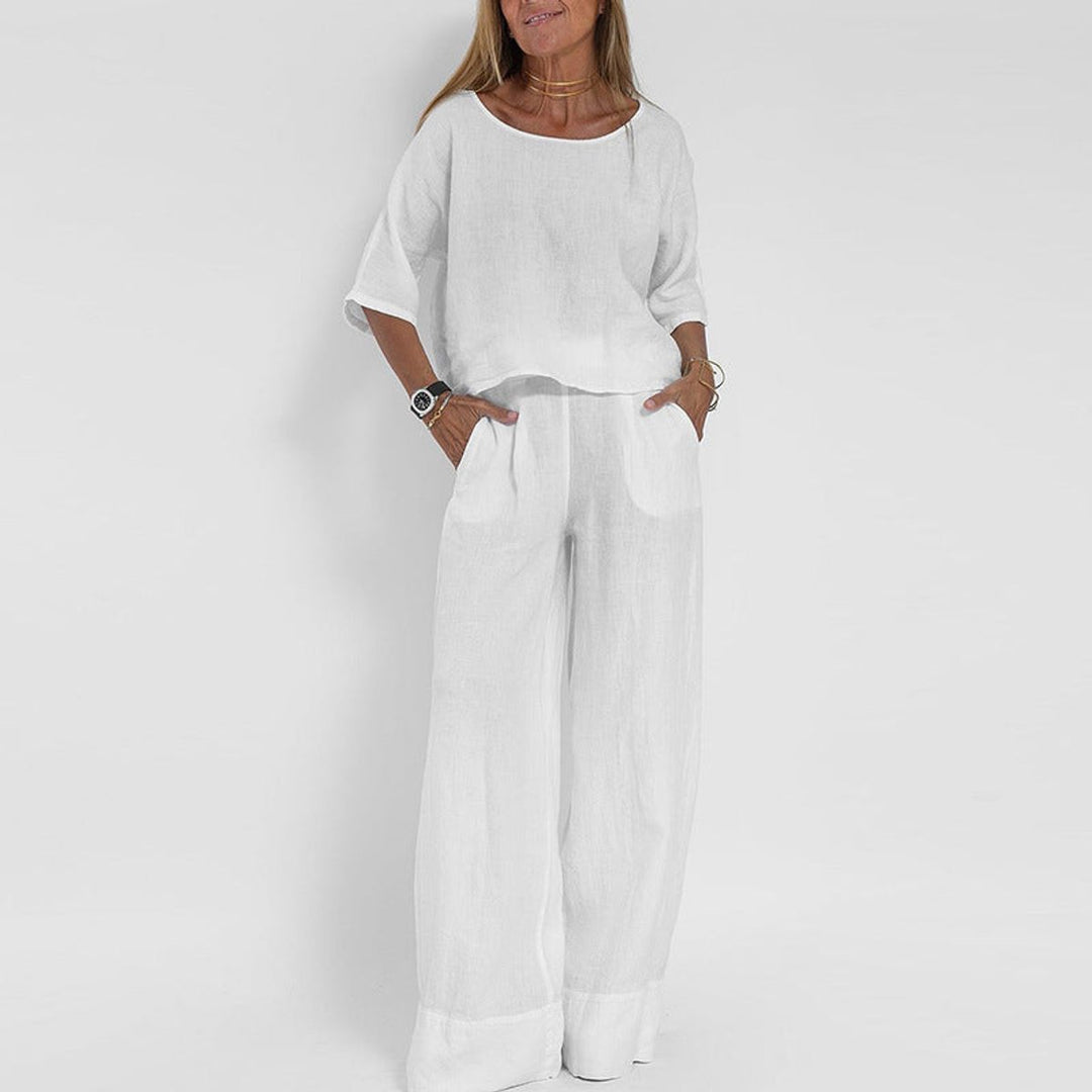 Dames Relaxed-Fit Linnen Blouse en Broek Set - White