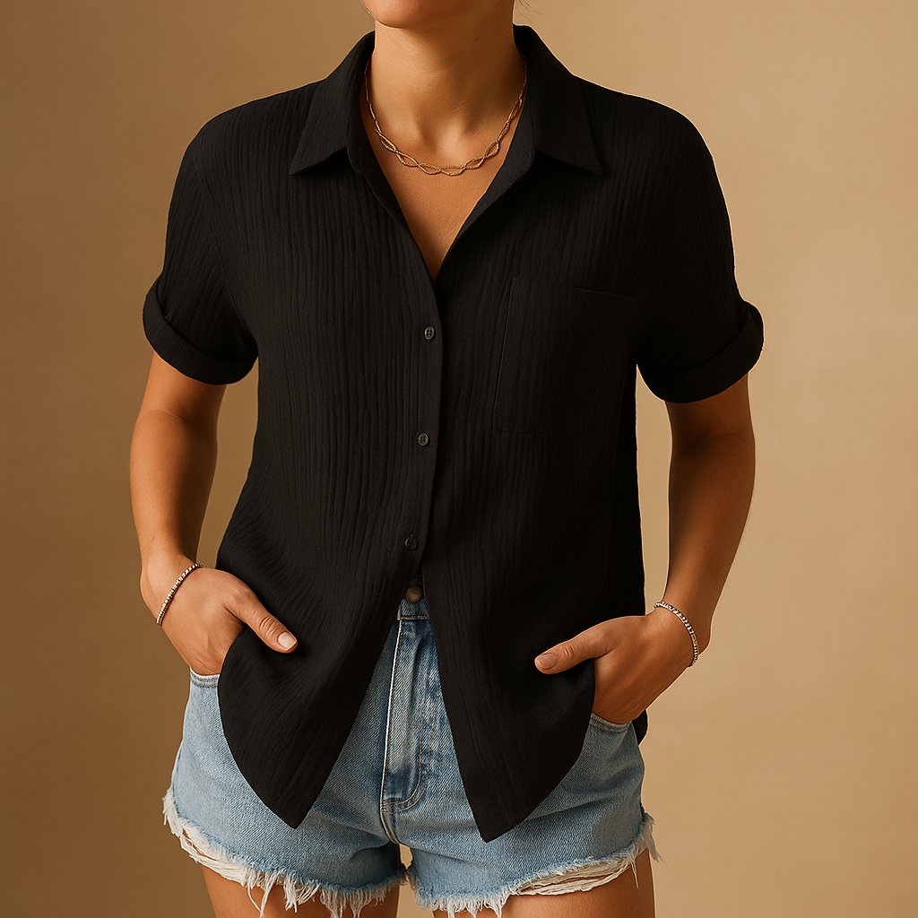 Dames Relaxed-Fit Linnen Korte Mouw Overhemd - Black