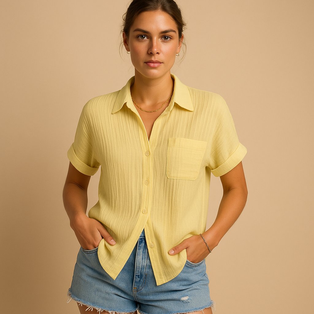 Dames Relaxed-Fit Linnen Korte Mouw Overhemd - Yellow